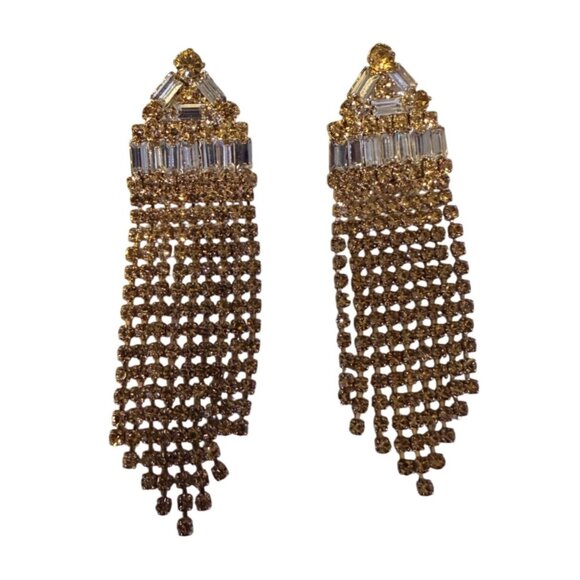 Vtg Eisenberg Ice Gold Rhinestone Fringe Statement Earrings 2.75" Sparkly NOS - Picture 2 of 4